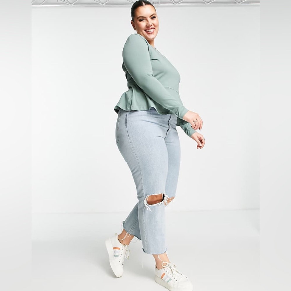 ASOS design curve peplum long sleeve top green size 18